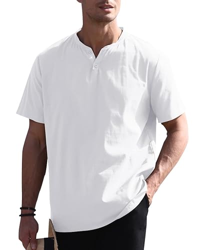 GAMISOTE Herren Freizeithemd Casual Baumwolle Hemd V-Ausschnitt Kurzarm Sommerhemd Tshirt (M, Weiß) von GAMISOTE