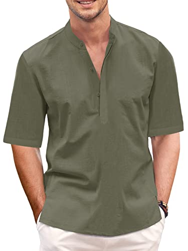 GAMISOTE Herren Freizeithemd Casual Kurzarm Hemd Baumwolle Henley Shirt V Ausschnitt Sommerhemd (L, Dunkelgrün) von GAMISOTE