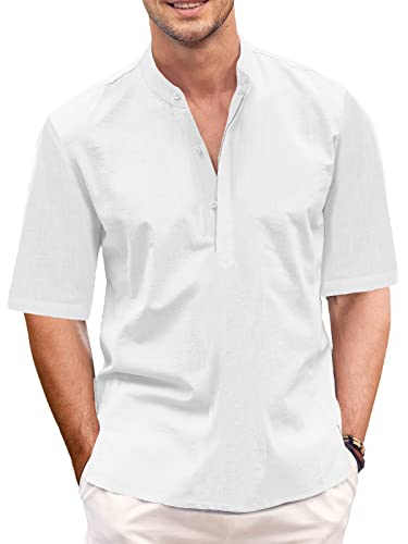 GAMISOTE Herren Freizeithemd Casual Kurzarm Hemd Baumwolle Henley Shirt V Ausschnitt Sommerhemd (M, Weiß) von GAMISOTE
