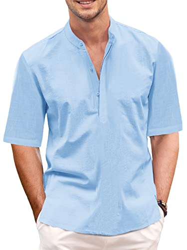 GAMISOTE Herren Freizeithemd Casual Kurzarm Hemd Baumwolle Henley Shirt V Ausschnitt Sommerhemd (XXL, Blau) von GAMISOTE