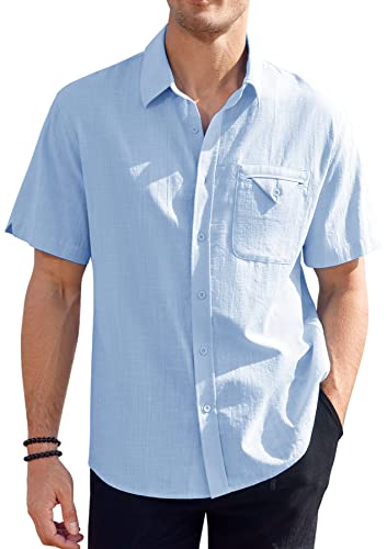 GAMISOTE Herren Freizeithemd Kurzarm Baumwolle Sommerhemd Button Down Sommer Shirt Regular Fit Trachtenhemd Hemd Herren, (Blau L) von GAMISOTE