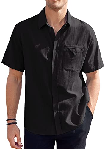GAMISOTE Herren Freizeithemd Kurzarm Baumwolle Sommerhemd Button Down Sommer Shirt Regular Fit Trachtenhemd Hemd Herren, (Schwarz XL) von GAMISOTE