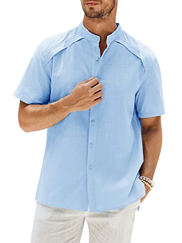 GAMISOTE Herren Freizeithemden Casual Button Down Hemd Baumwolle Strandhemd Kurzarm Sommerhemd (XXL, Blau) von GAMISOTE