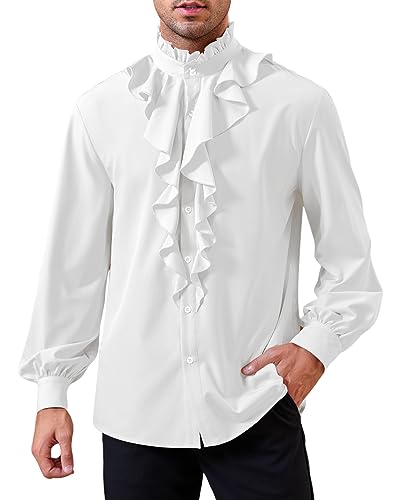 GAMISOTE Herren Mittelalter Hemd Langarm Piraten Rüschenhemd Renaissance Gothic Shirt Viktorian Steampunk Kostüm(Weiß, XXXL) von GAMISOTE