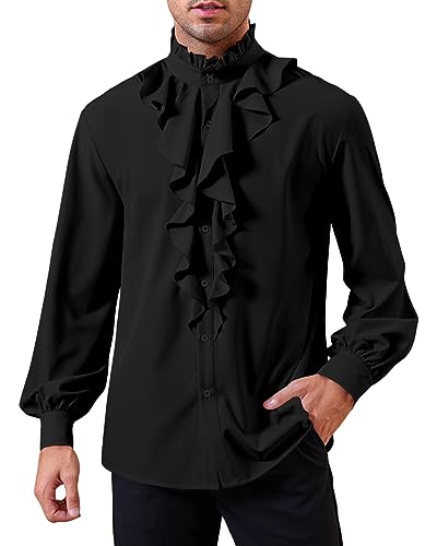 GAMISOTE Herren Mittelalter Hemd Langarm Piraten Rüschenhemd Renaissance Gothic Shirt Viktorian Steampunk Kostüm(Schwarz, XXXL) von GAMISOTE