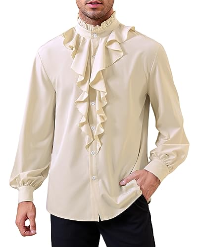 GAMISOTE Herren Mittelalter Hemd Langarm Piraten Rüschenhemd Renaissance Gothic Shirt Viktorian Steampunk Kostüm(Beige, M) von GAMISOTE