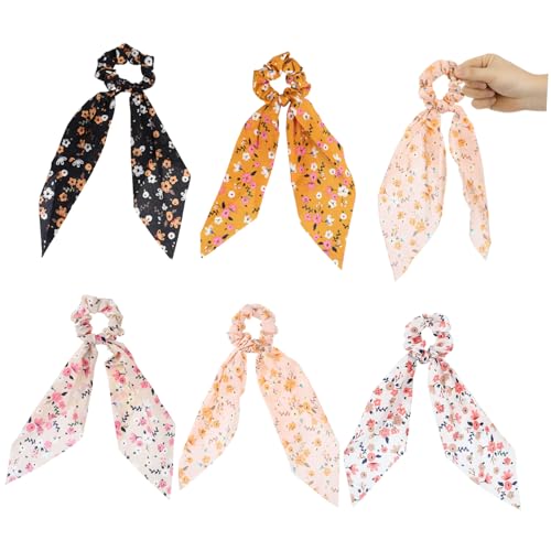 GANAZONO 5 Stück Teiliges Vintage Haarband mit Floralem Druck Langes Geknotetes Haarschleifen design Elastisches Haargummi für Pferdeschwanz Modischer Haarschmuck für Damen und Mädchen von GANAZONO