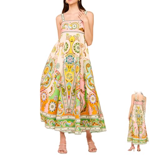Damen Boho Maxi Cami Kleid Graffiti Spaghettiträger ärmelloses Kleid fließendes Kleid Sommer Strand Sommerkleid (A,M) von GANDUS