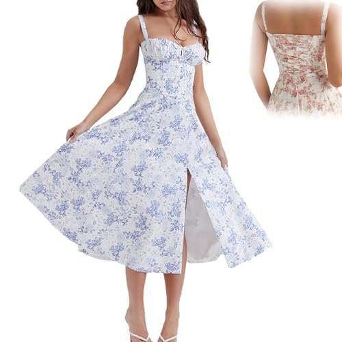 GANDUS Geblümtes Bustier-Kleid zur Taillenformung, Bustier-Sommerkleid mit Print, sexy Bustier-Kleider mit Schlitz-Print für Damen (B,S) von GANDUS