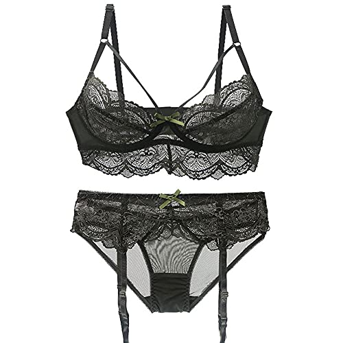 GANGCHENG Damen 3-teiliges Dessous Set Spitze Bügel Ungepolstert Sexy BH Höschen Set 75-C von GANGCHENG