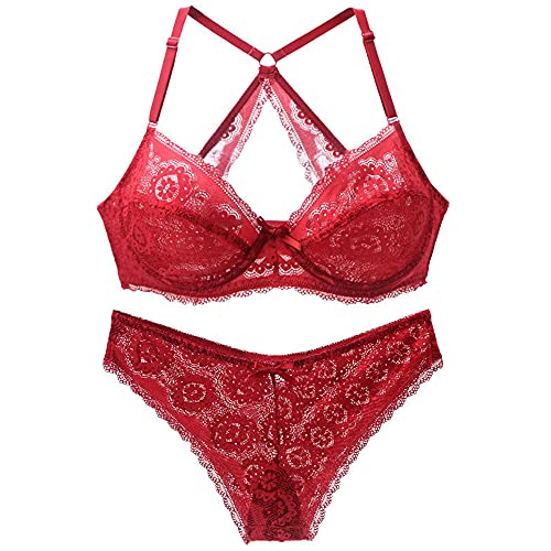 GANGCHENG Damen Spitze Bügel Ungepolster BH Softschalen Tüll Cup Höschen Dessous Set 95-D von GANGCHENG