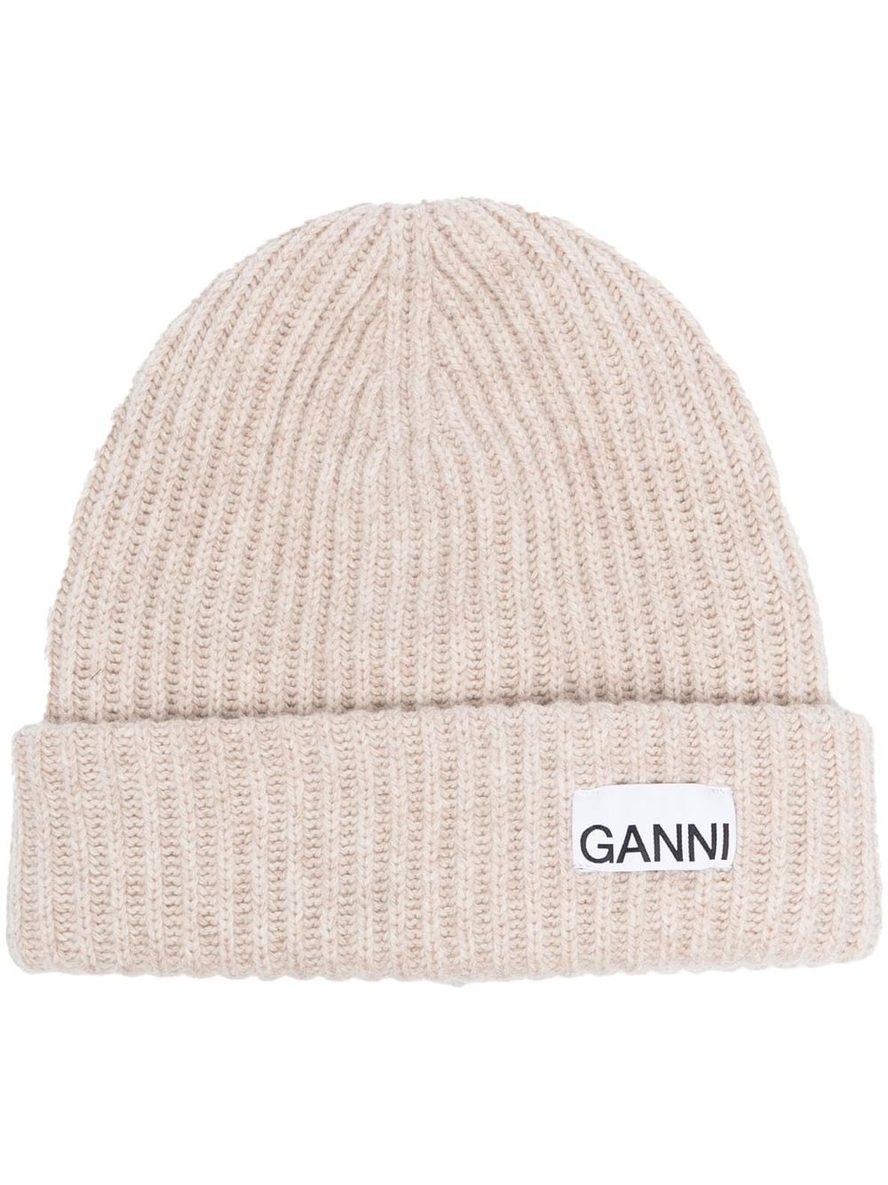 GANNI Gerippte Beanie mit Logo-Patch - Nude von GANNI