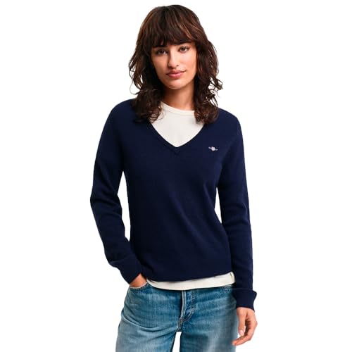 GANT Damen Extrafine Lambswool V-Neck Pullover, Evening Blue, M von GANT