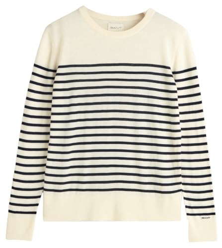 GANT Damen FINE Knit Striped C-Neck Pullover, Cream, XL von GANT