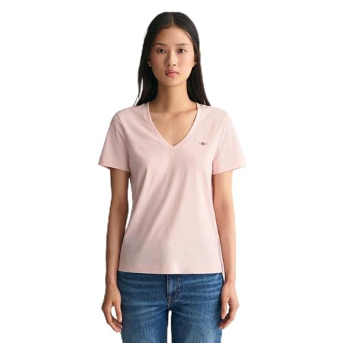 GANT Damen REG Shield SS V-Neck T-Shirt, Faded PINK, Medium von GANT