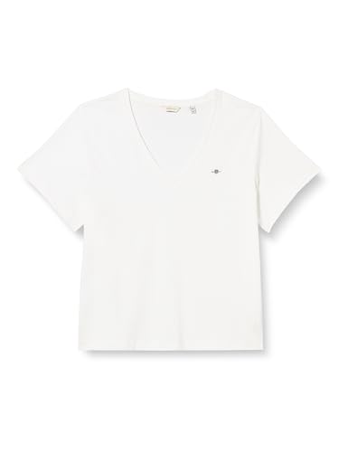 GANT Damen REG Shield SS V-Neck T-Shirt, White, L von GANT