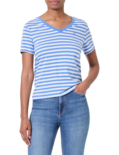 GANT Damen REG Striped Shield V-Neck T-Shirt, Sailor Blue, X-Small von GANT