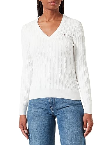 GANT Damen Stretch Cotton Cable V-Neck Pullover, Eggshell, Standard von GANT