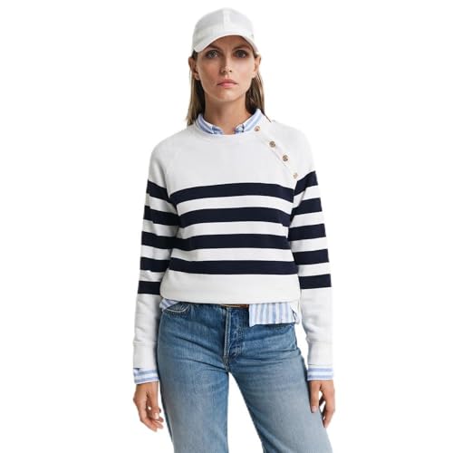 GANT Damen Striped Gold Button C-Neck Sweat Sweatshirt, Eggshell, 42 von GANT