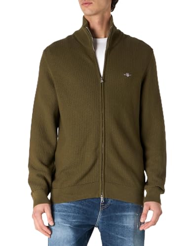 GANT Herren Cotton Micro Textured Zip Cardigan Strickjacke, Juniper Green, Large von GANT