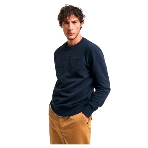 GANT Herren Embossed C-Neck Sweat Sweatshirt, Evening Blue, L von GANT