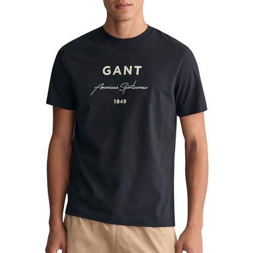 GANT Herren Logo Script Printed SS T-Shirt, Black, Large von GANT