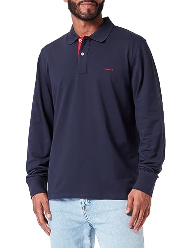 GANT Herren REG Contrast Pique LS Rugger Polohemd, Evening Blue, Standard von GANT