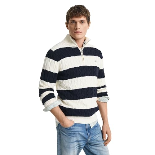 GANT Herren Striped Cotton Cable Half Zip Pullover, Evening Blue, M EU von GANT