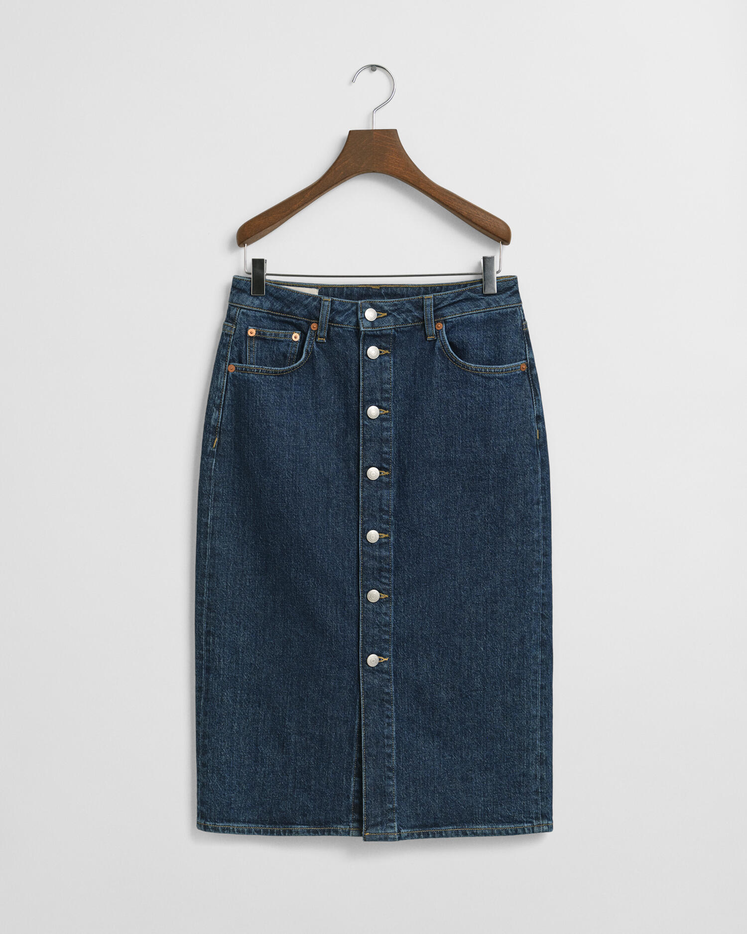 GANT - Mittellanger Jeansrock mit Knopfleiste dark blue worn in - Gr. - 44 von GANT