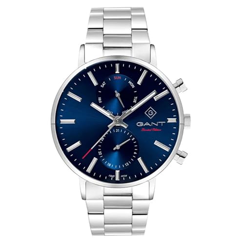 Gant Herren-Armbanduhr Naples-IPB 3-hands, Circular Day-Date 43,5 mm GehäusedurchmesserSilber Gehäuse blaues Zifferblatt Metallarmband, blu, Armband von GANT