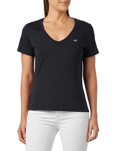 GANT Damen Reg Shield V-Neck T-Shirt, Schwarz, M EU von GANT