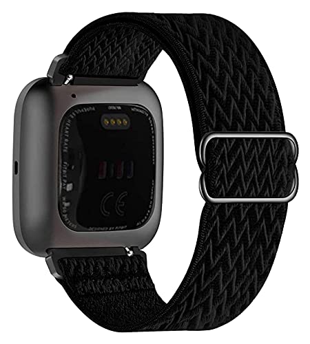 GANYUU Dehnbare Nylonbänder für Fitbit Versa/Versa 2/Versa Lite/Versa SE für Damen und Herren, verstellbares, atmungsaktives Stoff, elastisches Armband (Farbe: Schwarz) von GANYUU