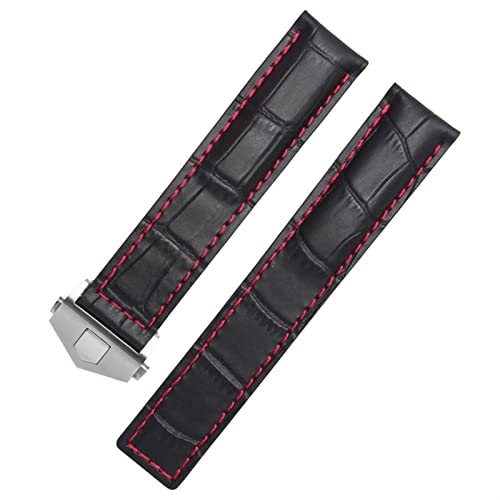 GANYUU Echtes Lederarmband für TAG heuer Armband blau schwarz braun Armband 19 mm 20 mm 22 mm mit Faltschließe Lederbänder (Farbe: Schwarz Rot Silber, Größe: 20 mm) von GANYUU