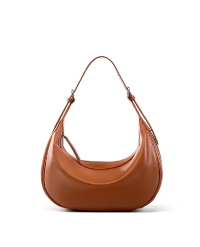 GANYUU Modische Hobo-Tasche aus echtem Rindsleder, solide klassische Umhängetasche, Crossbody-Tasche für Damen, luxuriöse Designer-Taschen, braun, 25-8.5-21.5cm von GANYUU