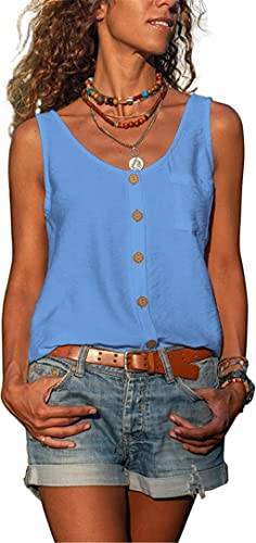 GAOBI Damen Oversized Knopfleiste Scoop-Ausschnitt Oberteile T-Shirt Sommer Ärmellos U-Ausschnitt Lose Bluse Tank Top Weste Einfarbig Elegante Freizeithemd Leibchen Große Größe gr 48 Blau von GAOBI