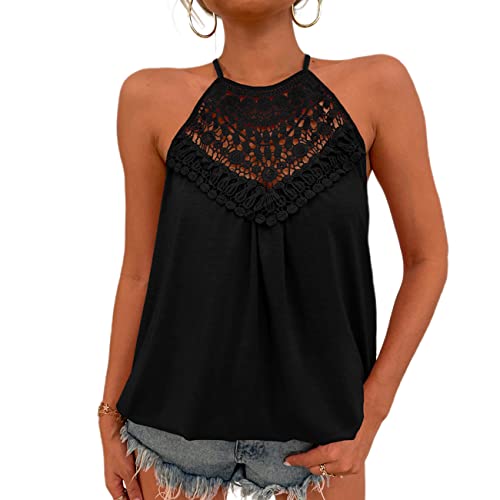 GAOBI Ärmellos Tank Tops für Damen Neckholder Schulterfrei Rückenfrei Cut Out Locker Spaghettiträger Trägershirts Camisole Weste Oversize Einfarbig Coole Cami Shirts Oberteil Bluse, Schwarz, XXL von GAOBI