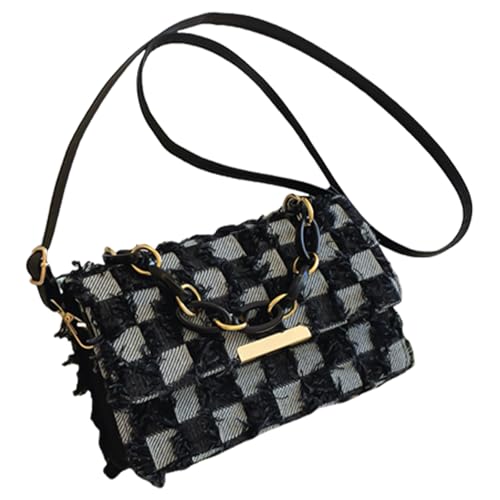GAOFESA Elegante Denims Quasten Handtasche mit Kettengriff für Frauen Verstellbarer Riemen Karierte Jeans Crossbody Schultertasche Geldbörse Jeans Stoff Kette Griff Handtasche Geldbörse, Schwarz , One von GAOFESA