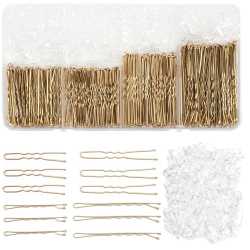 GAOGHE 800 Stück Haarnadeln Bobby Pins Set, 150pcs Haarklammern U-förmige, 150pcs Hairpin und 500pcs Mini Durchsichtige Haargummis, Damen Hochsteckfrisuren Zubehör Haarschmuck Hochzeit (Gold) von GAOGHE
