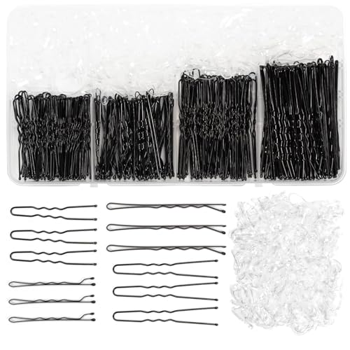 GAOGHE 800 Stück Haarnadeln Bobby Pins Set, 150pcs Haarklammern U-förmige, 150pcs Hairpin und 500pcs Mini Durchsichtige Haargummis, Damen Hochsteckfrisuren Zubehör Haarschmuck Hochzeit (Schwarz) von GAOGHE