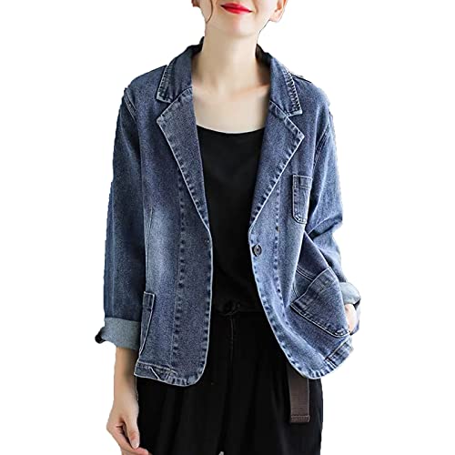 GAOHONGMEI Damen Print Denim Blazer, Für Damen Langärmelige Kurze Jeans Kleine Anzug Casual Cardigan Jacken Revers Buttons Arbeit Mantel Top Denim Blue-XL von GAOHONGMEI