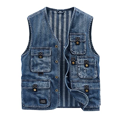 GAOHONGMEI Herren Denim Multi Pocket Weste Casual Angeln Weste Jacke Outdoor Plus Size Cowboy Zipper Weste Reporter Reise Jeans Outwear Top Denim Blau 4XL von GAOHONGMEI