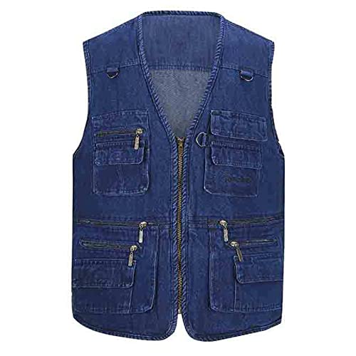 GAOHONGMEI Herren Denim Weste Multi Pocket Plus Size Weste Casual Wandern Reporter Fotografie ärmellose Jacken Denim Blau 4XL von GAOHONGMEI