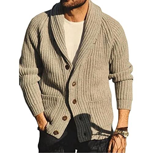 GAOHONGMEI Herren Strickjacke, Strickjacke, Pullover, Mantel, dick, Schalkragen, schmale Jacken, langärmelig, Strickpullover, Herbst, Winter, warm, Oberteil, Khaki-L von GAOHONGMEI