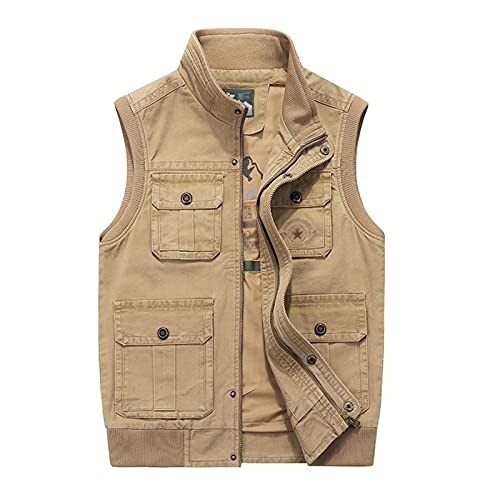 GAOHONGMEI Herren Weste mit vielen Taschen Outdoor Warme Ärmellose Baumwollweste Lässige Lose Angelweste Reisejacken Journalist Oberbekleidung Top Light khaki-3XL von GAOHONGMEI