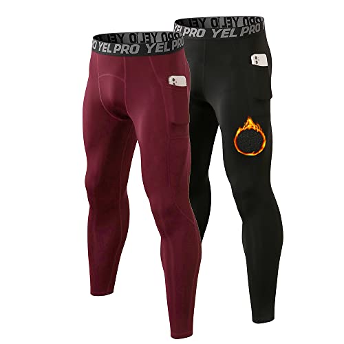 GAOQSEMG Herren Thermo Leggings Microfleece Warm Kompressionshose Laufen Sport Strumpfhose mit Taschen Baselayer Hose, Schwarz und Weinrot, Mittel von GAOQSEMG