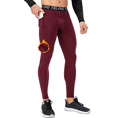 GAOQSEMG Herren Thermo Leggings Microfleece Warm Kompressionshose Laufen Sport Strumpfhose mit Taschen Baselayer Hose, weinrot, Mittel von GAOQSEMG