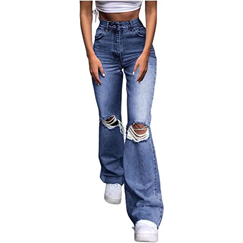 Mid Rise Taillierte Jeans Hosen Damen Moderne Gerade Jeans Damen Zerrissene Jeans Lange Stretch Röhrenjeans Hosen Hoch Damen-Jeans (Color : Dark Blue, Size : M) von GAOSHI