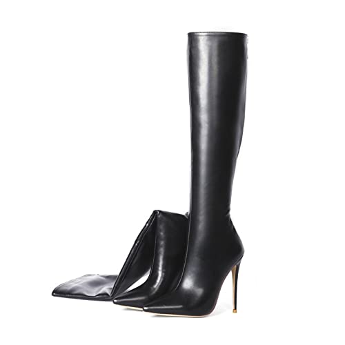 GAOword 12CM / 4,72 Zoll Modische Sexy Spitze Zehe Weibliche Dicke Ferse Sexy Elegante Damen Nachtclub Stiefel Hohe Röhren Knielange Stiefel Pole Dance Nachtclub Stiefel,Schwarz,45 EU von GAOword