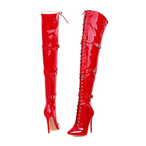 GAOword 15CM Damen Stiefel High Heel Lackleder Lace-Up 8 Zoll Overknee Stiefel Sexy Nachtclub Pole Dance Schuhe,Rot,37 EU von GAOword