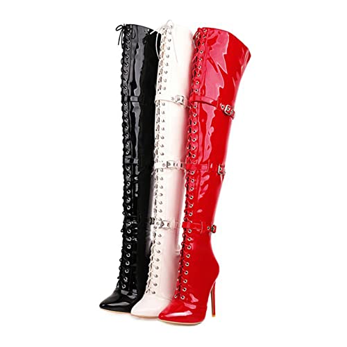 GAOword 15CM Damen Stiefel High Heel Lackleder Lace-Up 8 Zoll Overknee Stiefel Sexy Nachtclub Pole Dance Schuhe,Weiß,35 EU von GAOword